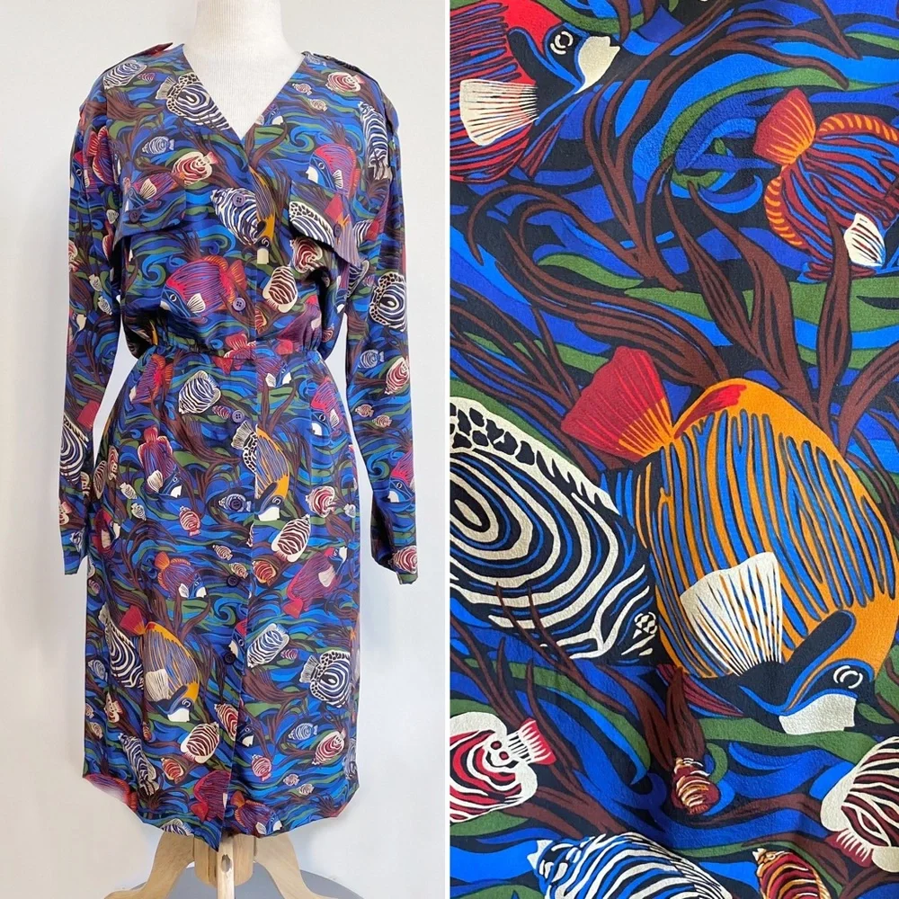 Vintage 90s Gillian tropical fish print dress - Picture 1 of 11